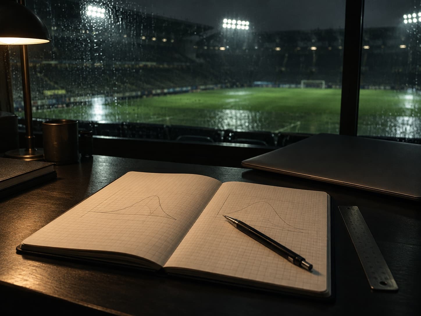 Gridded notebook and pencil on a dark analysis desk overlooking a rain-lit stadium