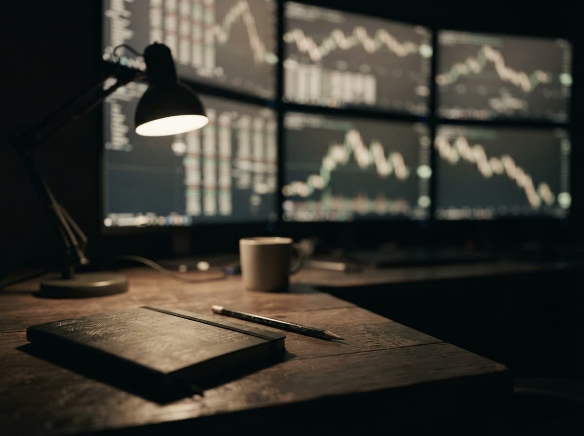 Market screens glowing above a notebook and pencil on a working desk