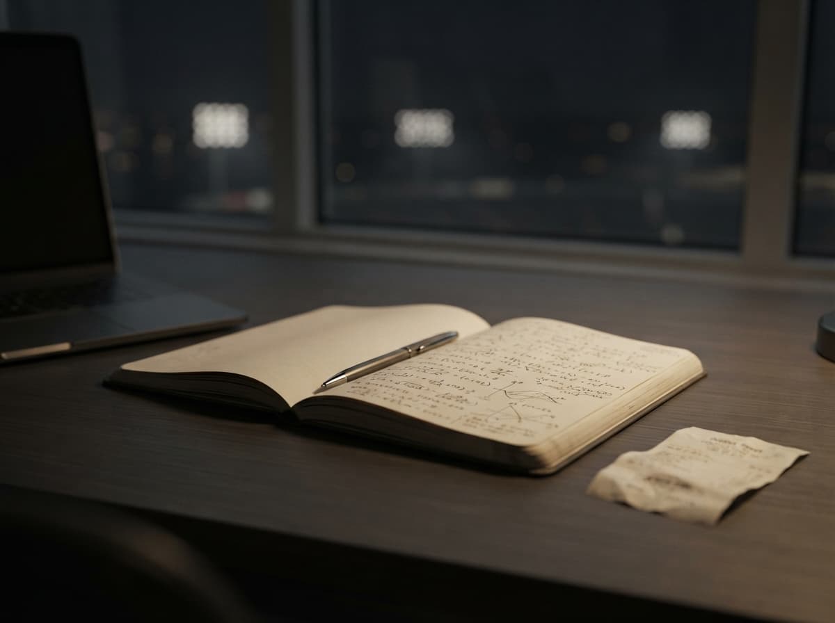 Open notebook filled with handwritten market notes beside a pen