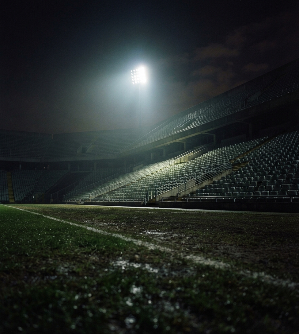 Rain-dark football stadium seats beside the pitch at night