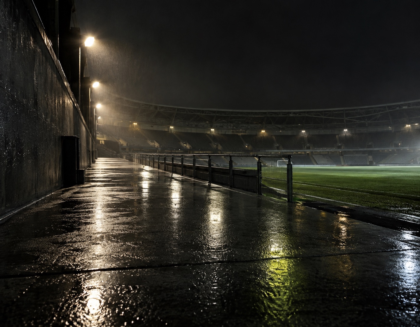 Descending stadium lights reflected across a rain-dark concourse