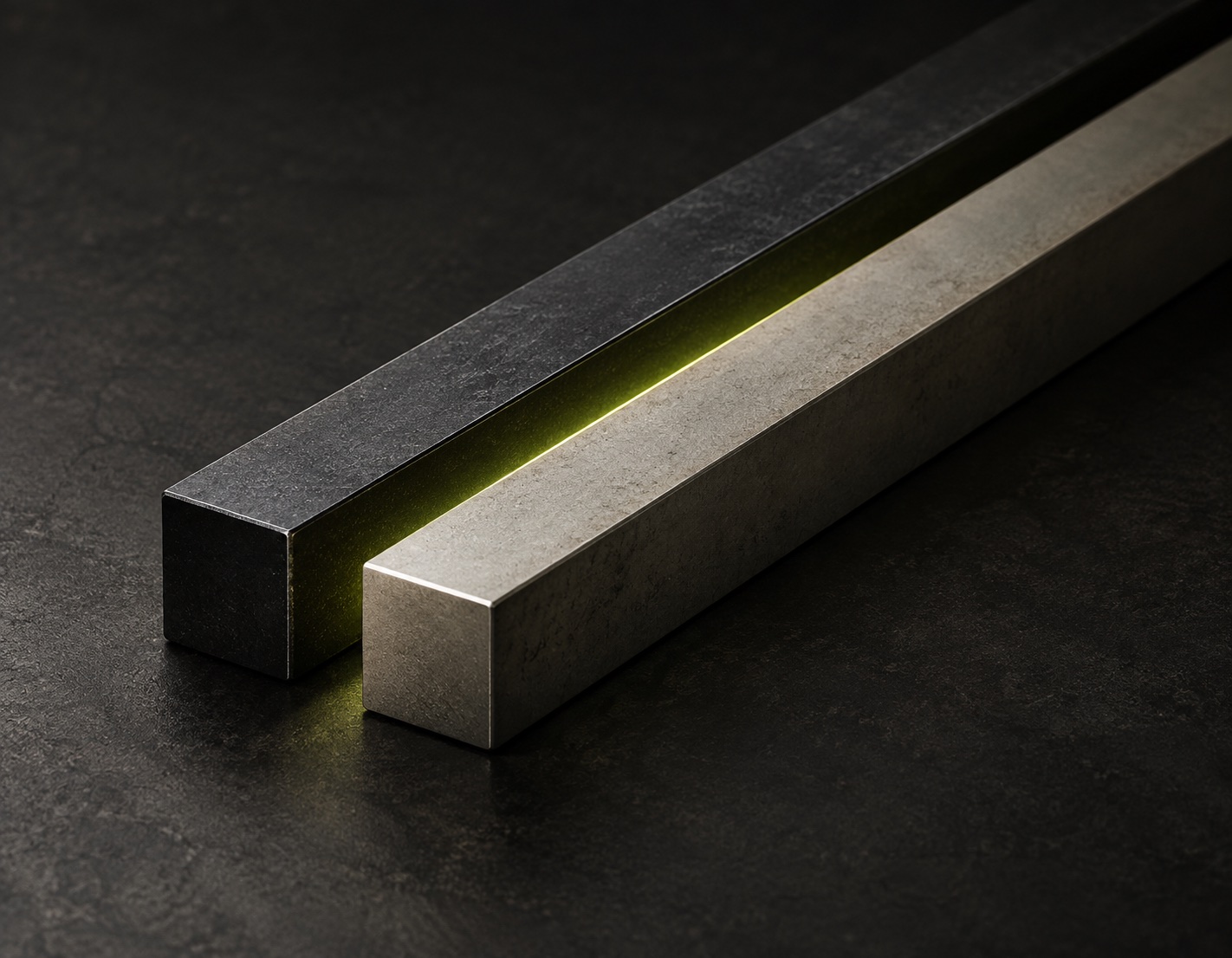 Two parallel graphite bars frame a narrow lime-lit middle zone